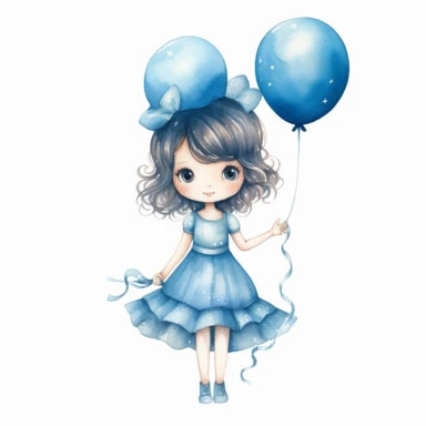 watercolor little princess clipart, blue tone colors, big eyes, smiling, lovely, adorable, wearing crown, holding a baloon, full body, on white background