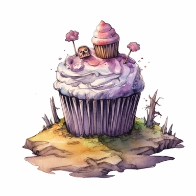 delicious halloween cupcake with grave stones , watercolour illustration clipart, extremely detailed, 4k, high quality, colour scheme black, silver and purple , isolated on white background