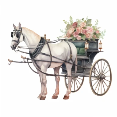 single vintage wedding horse-drawn carriage clipart, in the style of watercolor on a white background