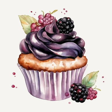 watercolor black berry cupcake clipart, hd