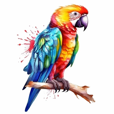 isolated illustration on a white background, realistic colorful parrot full , watercolor clipart, single item without deco, professional quality, 32k, solid style, drawn by an professional , very realistic solid colors, no patterns on art only solid colors,