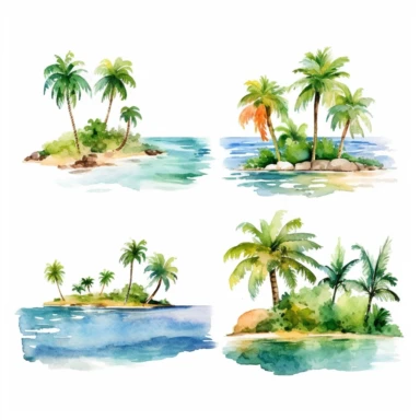 Tropical island beach clipart set isolated on white, watercolor, - - no photograph