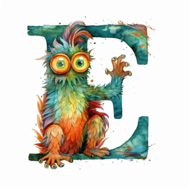 Design a letter E in a monster concept as a clipart using watercolor medium, The clipart should be created on a white background and maintain a playful and imaginative style