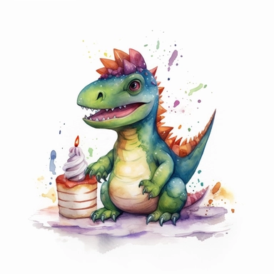 High resolution, cute dinosaur holding birthday cake, watercolor clipart, completely white background