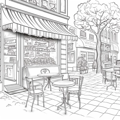 coloring book page, bakery windows,clipart,image of cute bakery,coffee shop,simple and cute,tree on side,bench infront,with awning,for watercolor painting,clean and simple line art for decorative painting