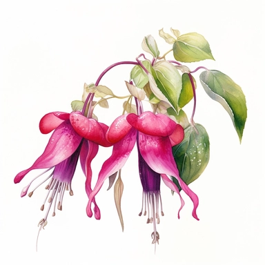 a watercolour painting of a fuchsia flower, in the style of uhd image, dansaekhwa, traditional, flourishing botanicals, exotic, white background, colorful, antique clipart, vibrant intense colors, photorealistic botanical satin drawing in the style of Pierre-Joseph Redoute
