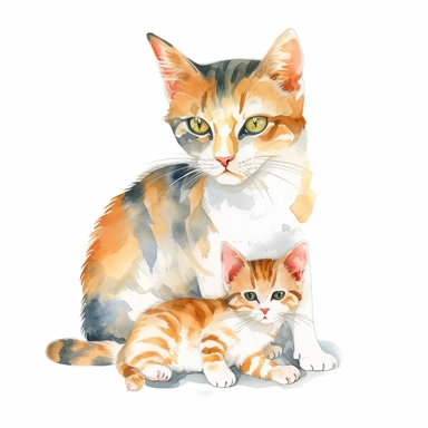 adult female cat cuddling baby cat, clipart, bright colors, isolated white background