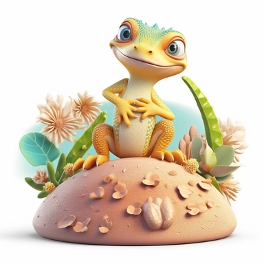 cute lizard with textured scales, a long tail, and a friendly demeanor. basking on a sun-warmed rock with cacti, sandy dune, Fairytale Cartoon Art Style, Full Body Image and Appearance, 3D-Designed Character, in style of clipart with no background