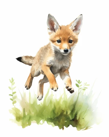 detailed watercolor Baby Coyote jumping on grass , realistic, isolated on a white background, clipart