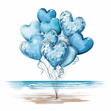Create a whimsical clipart image of heart-shaped balloons in shades of blue, floating against a transparent background, bringing an element of fun and celebration to your beach wedding decorations ,Weeding on the beach, Watercolor, Detailed, sweet, majestic, high resolition, transparent background, no captions