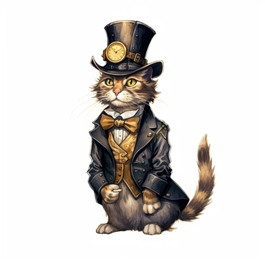 professional gouache hand-painted full body illustration of a steampunk cat, Victorian clipart, isolated against white background, accurate, natural form, simple playful style, deep colour, softly lit by golden hour sunlight