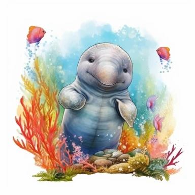 Baby Playful Manatee, Exploring a vibrant coral reef, discovering new friends along the way , clipart for nursuring, animated, white transparent background