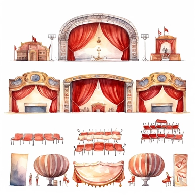 watercolor 1910s 1920s 1930s 1940s theatre stage, illustrations clipart set, simple, , cartoon elements ,different variants ,shows,separate elements with a margin