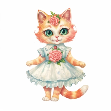 50s vintage kitsch cat illustration clipart, watercolor, Hand drawn painting, isolated on white background, watercolor illustration by katie daisy, highly detailed, white background for removing background - - no text shadow font watermark