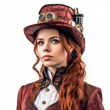 Solid white background. Waist-up portrait of a pensive steampunk lady with a reflective gaze and a faint smile. Her radiant white skin tone contrasts beautifully with her rich burgundy hair and copper attire, reflecting Victorian elegance with steampunk mechanics. Her outfit doesn't include a hat, showcasing her voluminous hair instead. No steampunk elements in the background. Pastel clipart, hyper-realistic, retro-futurism, solid white background