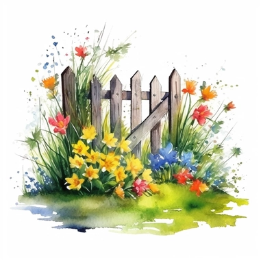 clipart, isolated on white background, Watercolor Spring beautiful ornated fence fulls of the colorful flowers and grass and plants and branches and tree, ornated, vivid and vibrant and saturated colors