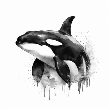 Graceful black and white orca whale, watercolor, clipart, on isolated on white background.