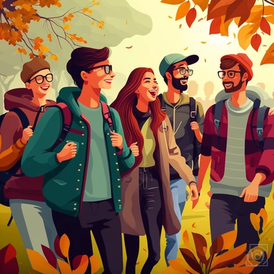 clipart of a modern friend group of college students having fun together in fall weather, animated, 3D, modern, realistic