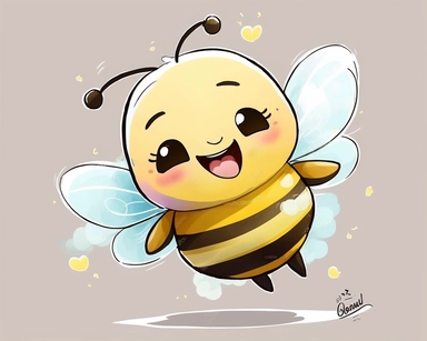 , cute smiling vector bee drawing for clipart, image is on a white background, bee is the focal point hovering above a rose, he is flying through the air by himself, nursery watercolor, in the style of watercolor painting, white background, charming anime characters, cute and colorful, depiction of animals, high quality
