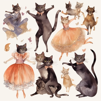 watercolor clipart, cats, dancing, Art Nouveau, highlty detailed