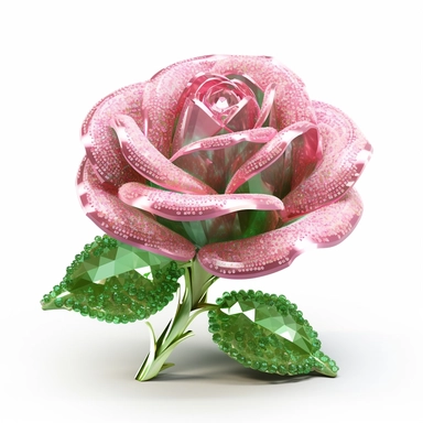clipart of a realistic rendering of a pink rose made out of pure diamond and emerald on a white background, in the style of extremely detailed, mineral, expensive, 8k