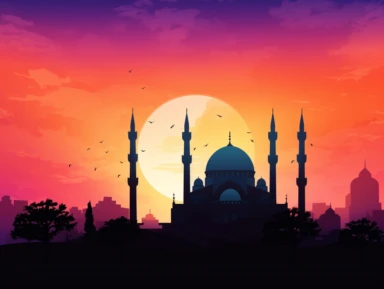 A serene clipart showcasing the silhouette of a mosque against a colorful sunset sky. The scene represents the peaceful and spiritual atmosphere of Eid, as worshippers gather for prayers and celebration.