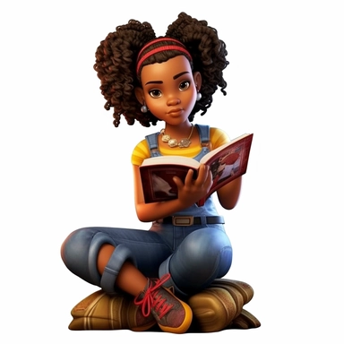 3D toy of a young happy black Afrocentric girl wearing a Ankara print school uniform outfit sitting down reading a book in the style of boondocks in the style of marvel comics cartoon with white background can't believe how beautiful this is clipart, graphic vector, isolated on white background