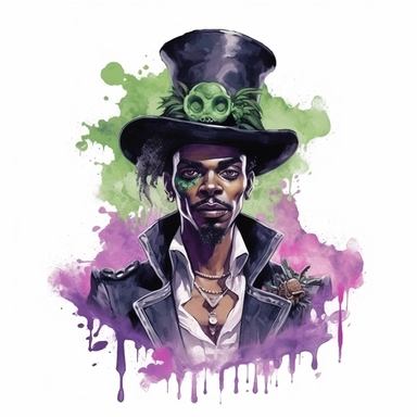 watercolor Dr. Facilier from Princess and the Frog, black man, mustache, black rocker hairstyle top hat, purple leather jacket over a ripped green shirt, skulls, gothic style, rock style, clipart, white background, by Kawacy