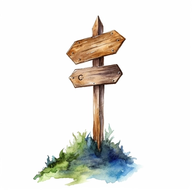 Small rustic wooden arrow signpost watercolor illustration. One side direction. Handmade watercolour sketchy painting on white, cutout clip art element for design, ready to personalize or customize.