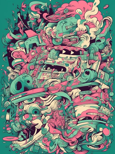 dr rnasacs cartoon pattern, abstract pattern, illustration for free vector clipart, in the style of tristan eaton, pink and green, concert poster, fragmented architecture, abstracted grotesqueries, anton fadeev, graffiti-inspired mixed media