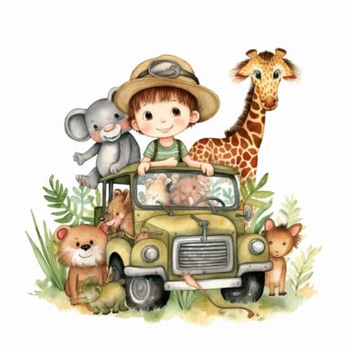 Watercolor clipart, A super cute happy boy and safari animals, in a jungle jeep, illustration watercolor style, minimalistic, clipart, children's book illustration, hd, 16k, 4k, isolated white background, single design, single object, watercolor illustration by mark ryden, print on demand image, PNG transparent background, solid white background for Clipart