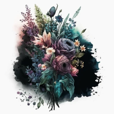 clipart watercolor, detailed and realistic. on white backrgound. beautiful flower tribute, dark theme sorry, loss, funeral like. dark flowers bouquet