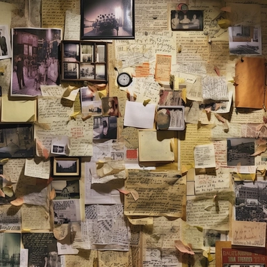 color photo of an Investigation Board full of old and new pictures and notes, close-up of one corner, unorganized, chaotic, messy, cluttered, overwhelming, textured, intricate, complex, detailed, with torn edges, faded colors, scribbles, post-its, lines, arrows, dates, labels, names, faces, maps, charts, graphs, and newspaper clippings — night, dimly lit, with a single lamp casting shadows and highlights on the board — camera settings: Canon EOS 5D Mark IV, Kodak Portra 800 35mm film, Canon EF 5