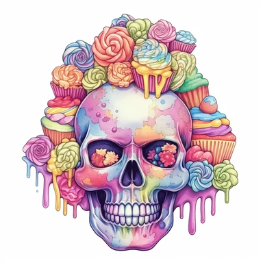 Fantasy beautiful sugar scull and sweets, pastel rainbow color, watercolor, on white background style by Lucy Fleming, watercolor, smooth gradients, black contour outline, ultra detailed, clipart elements, delicate pastel colors, solid white background, super clear, high quality
