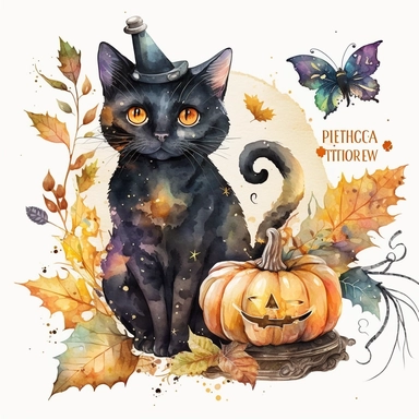 Watercolor black witch cat Halloween clipart, pumpkin, autumn season, Watercolor Sublimation design, white background