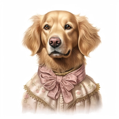 Stunning Golden Retriver adorned in a ruffled Victorian collar and a decorative ribbon, exuding charm and sophistication against the pristine white backdrop. Its distinct spots and dignified posture make it a true Victorian beauty. Clipart, watercolor, white background, intricate detail, unreal engine cinematic smooth. Realistic rendering