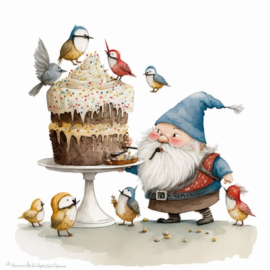 swedish gnome feeding small birds, bird cake, oat bushell, folk art, clipart, watercolor, painterly, white background