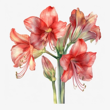 watercolor illustration of Amaryllis flowers, watercolor clipart, watercolor splashes, spring boho vibes, 4k uhd, realistic floral portrait, white background