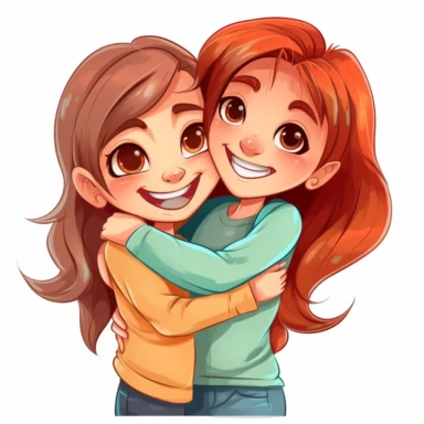 cartoon clipart funny style of young girl hugging her much older sister.
