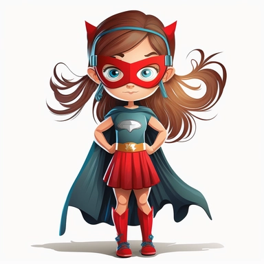 full body happy superhero little girl with black eye mask and childs dress, looking directly at the camera, in clipart style