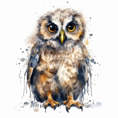 A Cute Happy Owl .Watercolor hyper-realistic detailed animal illustrations, elegant inking techniques, delicate markings, monochromatic paintings, free brushwork, watercolor illustrations, painted illustrations Clipart, White Background