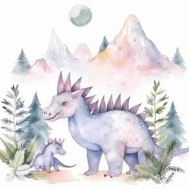 friendly, fluffy watercolor dinosaurs clipart, pastel colors, in the mountains, forest, separated, seamless, transparent background--AR 3:2