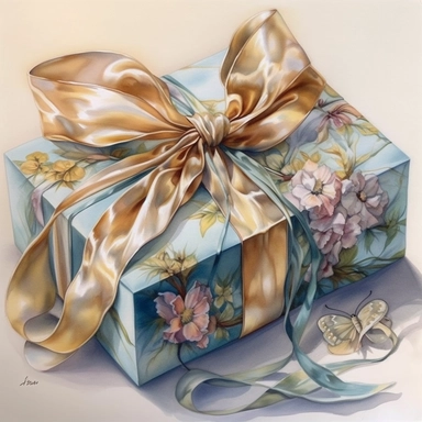 insanely beautiful wrapped gift , in the style of beatrice potter and jody Bergsma, silk bow,32k uhd, hand-painted details, pastoral illustrations, amazing colour combinations , aquarellist, hd , white background clipart ,-- no watermark--ar 27:37