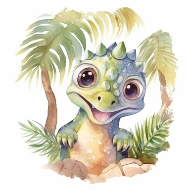 Cute adorable baby dinosaur peeking out from behind a tree, drawn with watercolors, childbook illustration style, clipart with white background