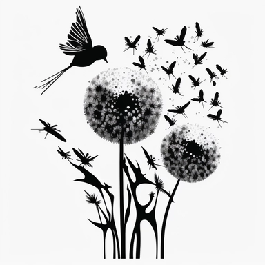 very simple dandelions bird logo clipart svg, black silhouette, white background
