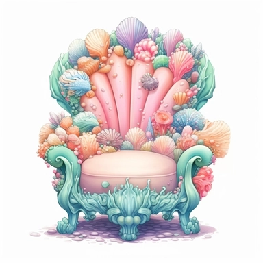 Pastel Cute Beautiful Fairy Chair Coral seashell Sublimation Clipart,Cartoon, hyper realistic, intricate detail, illustration style,high solution,on the white background