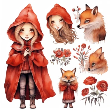 red riding hood clipart, vector art, clip art, clipart, in the style of claudia tremblay, birds& flowers, kawaii manga, realistic watercolors, dark white and light orange, eleanor fortescue - brickdale, isolated figures