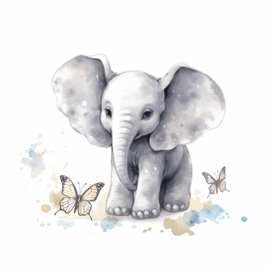 A cute baby elephant interacts with a butterfly, watercolor sketch illustration clipart on white background, digital art, concept, art, 8k, HD, kawaii
