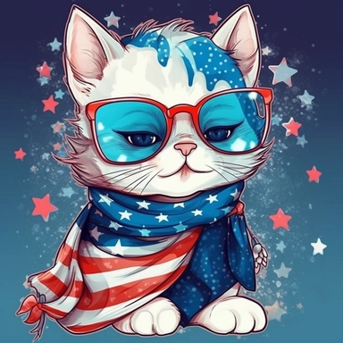 Super cute, American flag with cat scarf and sunglasses Sublimation Clipart, Cartoon funny, Cute anime, Very detailed, firework blue background