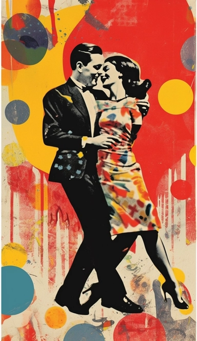 vintage clipart photo of couple dancing to the song 'love is like jazz', in the style of tony fitzpatrick, blink-and-you-miss-it detail, silkscreening, bold primary colors, animated gifs, freakshow, socialist realism